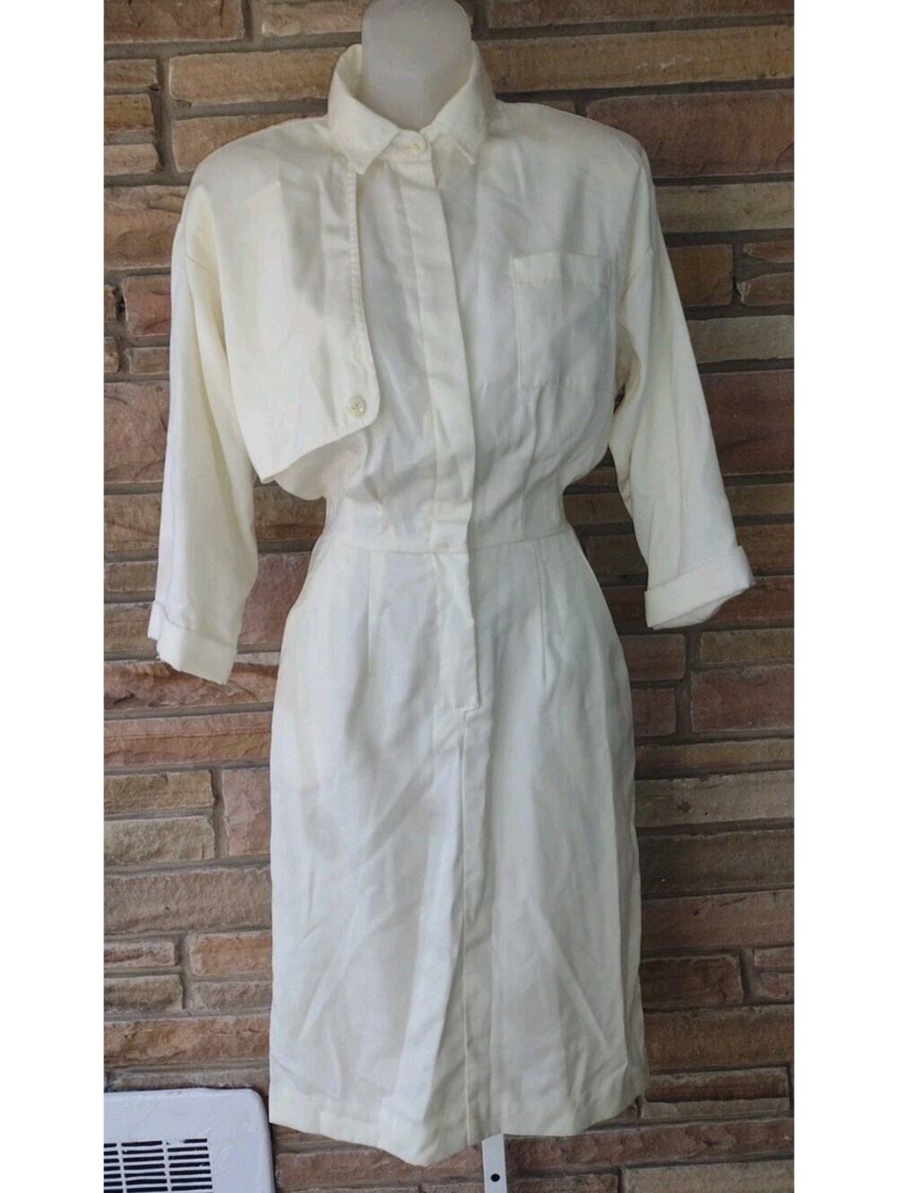Vintage 80s Cream Shirt Dress Minimalist Career Office Midi USA Talon Zip 7/8